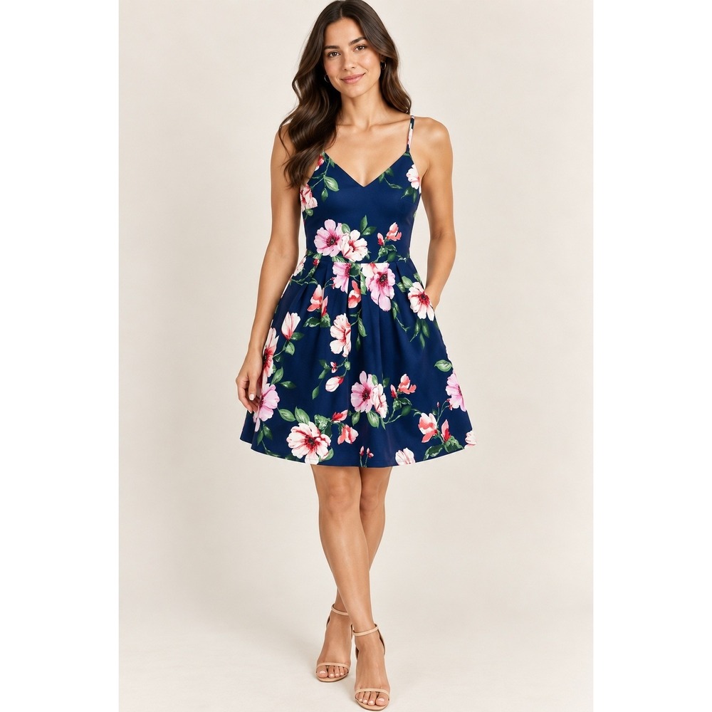 Monteau Navy Floral Fit Flare Spaghetti Strap V-Neck Mini Dress Size M